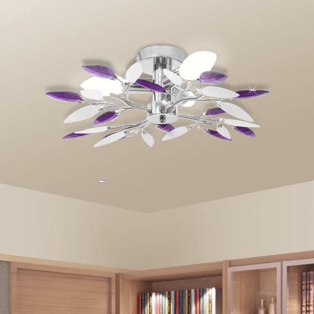 Berkfield Home Ceiling Lamp White & Purple Acrylic Crystal Leaf Arms 3 E14 Bulbs - image 1