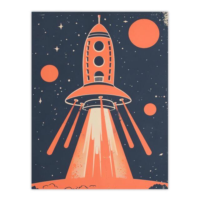 "Artery8 Red Rocket Spaceship Launch Retro Style Design Wall Art Print - Size: W24"" x H32""" - image 1