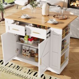 AKA Kitchen Island on Wheels Rolling Island Cart with 2 Drawers in White