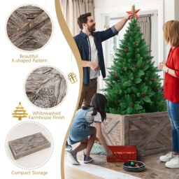 Costway Vintage Christmas Tree Collar Box 100% Solid Wood Wooden Tree Box Stand Cover W/ Hook & Loop Fastener in Dark Grey - thumbnail 4