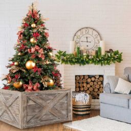 Costway Vintage Christmas Tree Collar Box 100% Solid Wood Wooden Tree Box Stand Cover W/ Hook & Loop Fastener in Dark Grey - thumbnail 3