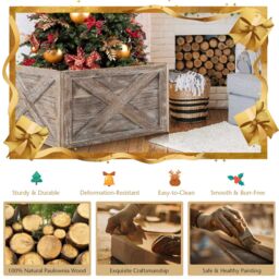 Costway Vintage Christmas Tree Collar Box 100% Solid Wood Wooden Tree Box Stand Cover W/ Hook & Loop Fastener in Dark Grey - thumbnail 5