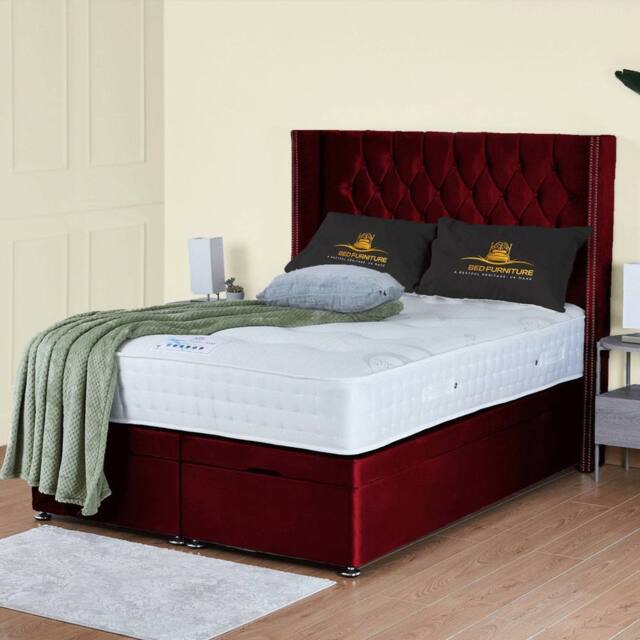 UK Bed Furniture Francesca End Lift Divan Ottoman Bed with 54 Inch Diamond Headboard in Maroon - Size: Super King - image 1