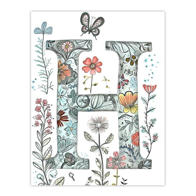 "Artery8 Women's Wall Art Print Letter H Wildflower Garden Watercolour Butterfly Floral Word Art For Her Poster - Size: W18"" x H24""" - image 1