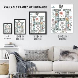 "Artery8 Women's Wall Art Print Letter H Wildflower Garden Watercolour Butterfly Floral Word Art For Her Poster - Size: W18"" x H24""" - thumbnail 3