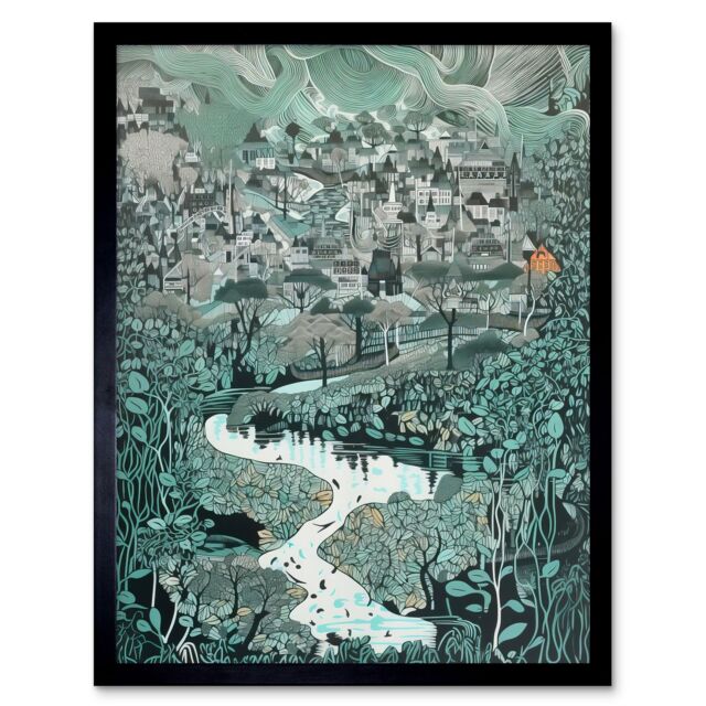 "Artery8 Wall Art Print Village Near River Forest Landscape Blue Linocut Art Framed in Black - Size: W12"" x H16""" - image 1