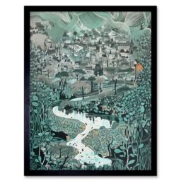 "Artery8 Wall Art Print Village Near River Forest Landscape Blue Linocut Art Framed in Black - Size: W12"" x H16""" - thumbnail 1