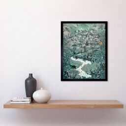 "Artery8 Wall Art Print Village Near River Forest Landscape Blue Linocut Art Framed in Black - Size: W12"" x H16""" - thumbnail 2
