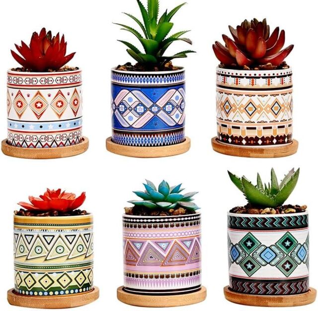 simpa 6PC Natural Pattern Ceramic Plant Pots with Bamboo Base - image 1