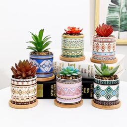 simpa 6PC Natural Pattern Ceramic Plant Pots with Bamboo Base - thumbnail 3