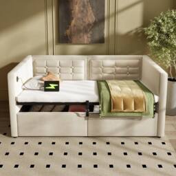 Merax Single Velvet Daybed With Storage & Charging, Upholstered Bed in Beige - thumbnail 1