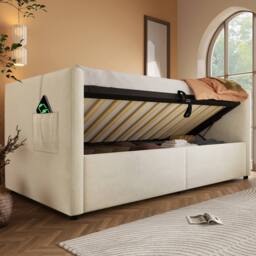 Merax Single Velvet Daybed With Storage & Charging, Upholstered Bed in Beige - thumbnail 9