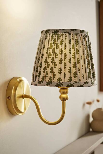 ValueLights Binky Rechargeable Brushed Gold Wall Light with Floral Pleated Shade in Pale Green