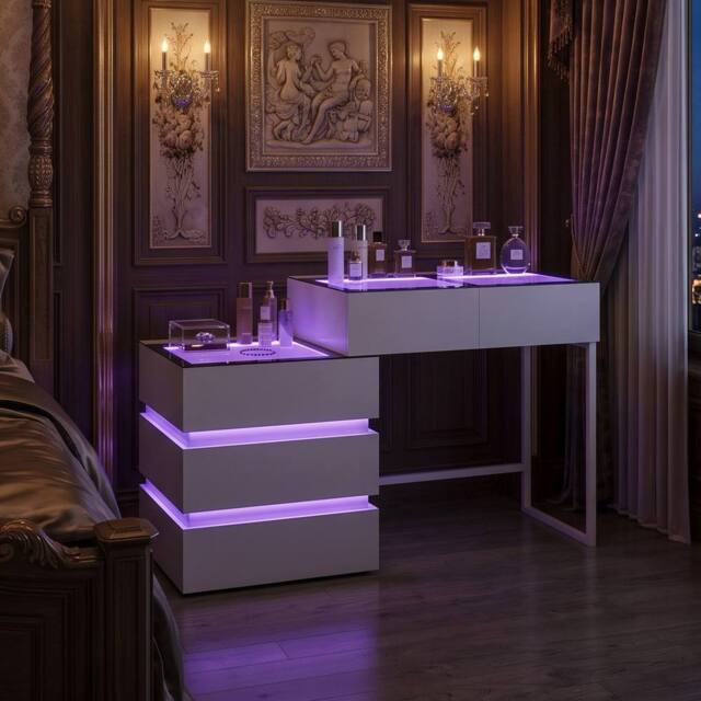 FENCHILIN 2 in 1 RGB Lighting Bedside Dressing Table with 5 Drawers 130x40x81CM in White - Size: 130 x 40 x 81 cm - image 1