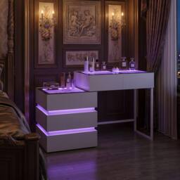 FENCHILIN 2 in 1 RGB Lighting Bedside Dressing Table with 5 Drawers 130x40x81CM in White - Size: 130 x 40 x 81 cm