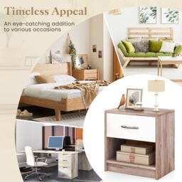 Costway 3-Tier Bedside Table Bedroom Nightstand w/Drawer-Natural+White in Light Oak - thumbnail 3