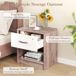 Costway 3-Tier Bedside Table Bedroom Nightstand w/Drawer-Natural+White in Light Oak - thumbnail 2