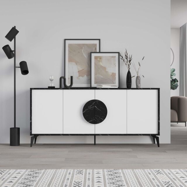 Decortie 'Gora' Four Door Sideboard with Chipboard Handles & Metal Legs in Jet Black - Size: 3 Pack - image 1