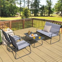 Costway 4PCS Garden Patio Table & Chair Set Outdoor Conversation Furniture Metal Frame in Grey - thumbnail 4