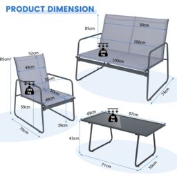 Costway 4PCS Garden Patio Table & Chair Set Outdoor Conversation Furniture Metal Frame in Grey - thumbnail 2