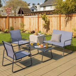 Costway 4PCS Garden Patio Table & Chair Set Outdoor Conversation Furniture Metal Frame in Grey - thumbnail 3