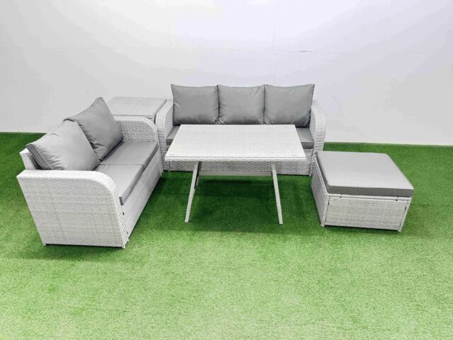 Fimous Rectangular Dining Table Sofa Set with Big Stool Side Table Light Grey - image 1