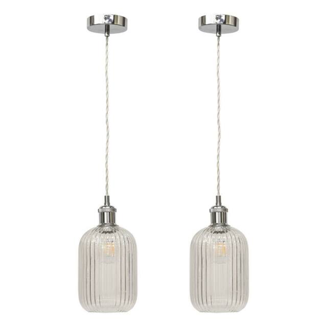 First Choice Lighting Set of 2 Batley - Clear Ribbed Glass Chrome Retro Pendant Fittings - image 1