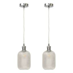 First Choice Lighting Set of 2 Batley - Clear Ribbed Glass Chrome Retro Pendant Fittings - thumbnail 1