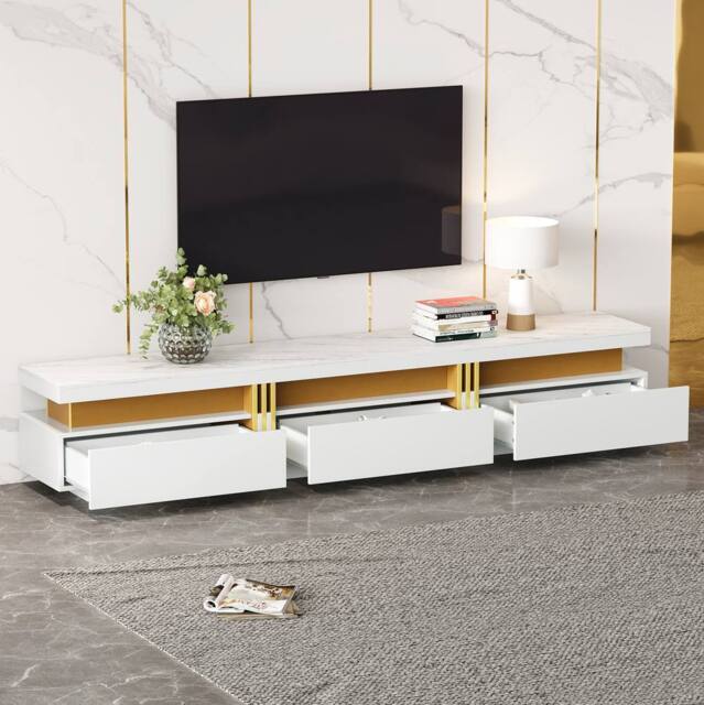 STILVORA TV Stand with Faux Marble Top & 3 Drawers in White - image 1
