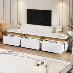 STILVORA TV Stand with Faux Marble Top & 3 Drawers in White - thumbnail 3