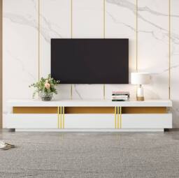 STILVORA TV Stand with Faux Marble Top & 3 Drawers in White - thumbnail 2