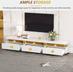 STILVORA TV Stand with Faux Marble Top & 3 Drawers in White - thumbnail 8