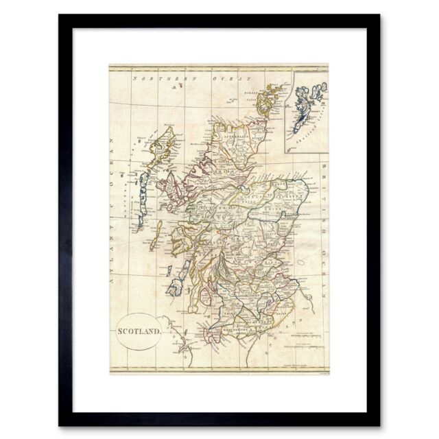 "Artery8 Vintage 1799 Clement Cruttwell Shire Map Scotland Shetland Isles Framed Wall Art Print Picture 12X16 inch in Beige - Size: W12"" x H16""" - image 1