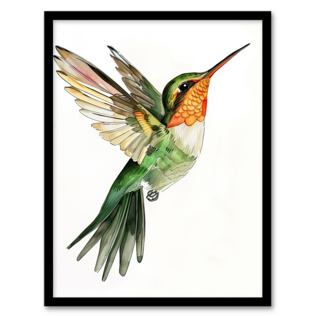 "Artery8 Hummingbird in Flight Green Orange Watercolour Framed Wall Art - Size: W12"" x H16""" - image 1