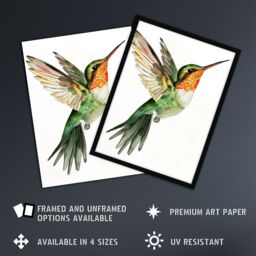 "Artery8 Hummingbird in Flight Green Orange Watercolour Framed Wall Art - Size: W12"" x H16""" - thumbnail 2