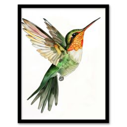 "Artery8 Hummingbird in Flight Green Orange Watercolour Framed Wall Art - Size: W12"" x H16""" - thumbnail 1