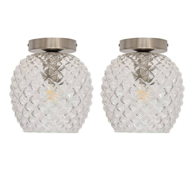 First Choice Lighting Set of 2 Baine - Textured Glass Satin Nickel Ceiling Light Fittings in Clear