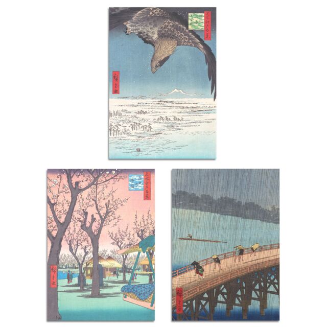 Artery8 Set of 3 Hiroshige Views of Edo Blue Green Japanese Wall Art Prints - Size: A3 - image 1
