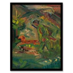 Artery8 Walking Hunter Huntsman With Dogs Kubincan Framed Wall Art Print in Green - Size: A4 - thumbnail 1