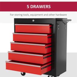 Kelvenix Red, Black-Steel 5-Drawer Tool Storage Cabinet Lockable with Wheels in Red - Size: 100 cm - thumbnail 3