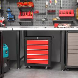 Kelvenix Red, Black-Steel 5-Drawer Tool Storage Cabinet Lockable with Wheels in Red - Size: 100 cm - thumbnail 1