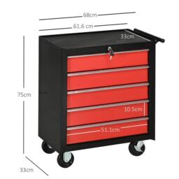 Kelvenix Red, Black-Steel 5-Drawer Tool Storage Cabinet Lockable with Wheels in Red - Size: 100 cm - thumbnail 2