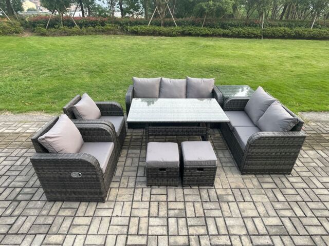 Fimous Dark Grey PE Wicker Rattan Garden Furniture Set Reclining Chair Love Sofa 2 Seater Sofa Set Outdoor Rectangular Dining Table Small Footstools - image 1