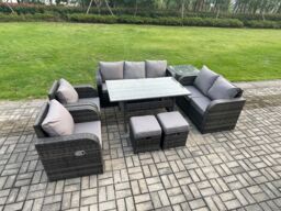 Fimous Dark Grey PE Wicker Rattan Garden Furniture Set Reclining Chair Love Sofa 2 Seater Sofa Set Outdoor Rectangular Dining Table Small Footstools - thumbnail 2