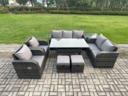 Fimous Dark Grey PE Wicker Rattan Garden Furniture Set Reclining Chair Love Sofa 2 Seater Sofa Set Outdoor Rectangular Dining Table Small Footstools - thumbnail 1
