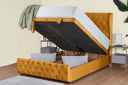UK Bed Furniture Edwina Divan Ottoman Storage Bed with End Lift & 54 Inch Headboard in Mustard - Size: Small Double - thumbnail 2