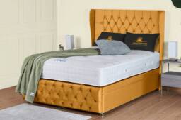 UK Bed Furniture Edwina Divan Ottoman Storage Bed with End Lift & 54 Inch Headboard in Mustard - Size: Small Double