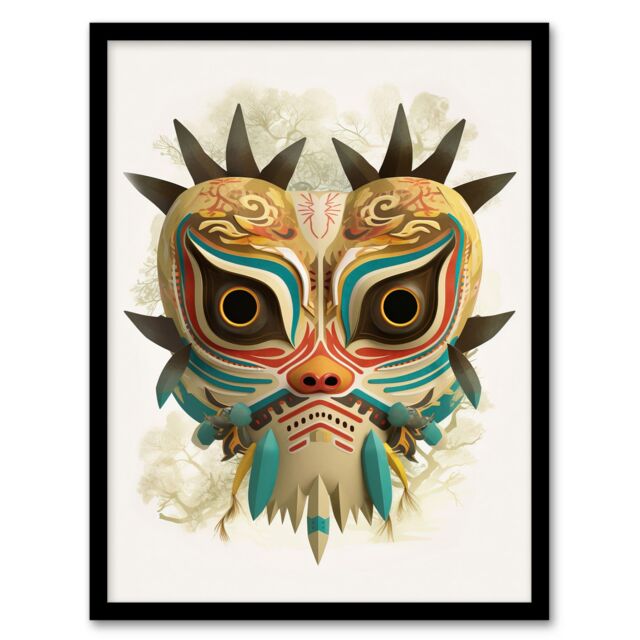 Artery8 Wall Art Print Noh Theatre Mask Painting Supernatural Japan Creature Portrayal Forest Deity Role Colourful Intricate Details Floral Designs - image 1