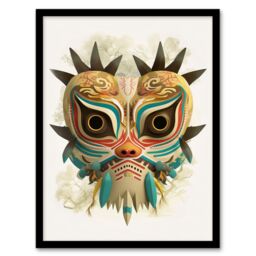 Artery8 Wall Art Print Noh Theatre Mask Painting Supernatural Japan Creature Portrayal Forest Deity Role Colourful Intricate Details Floral Designs - thumbnail 1
