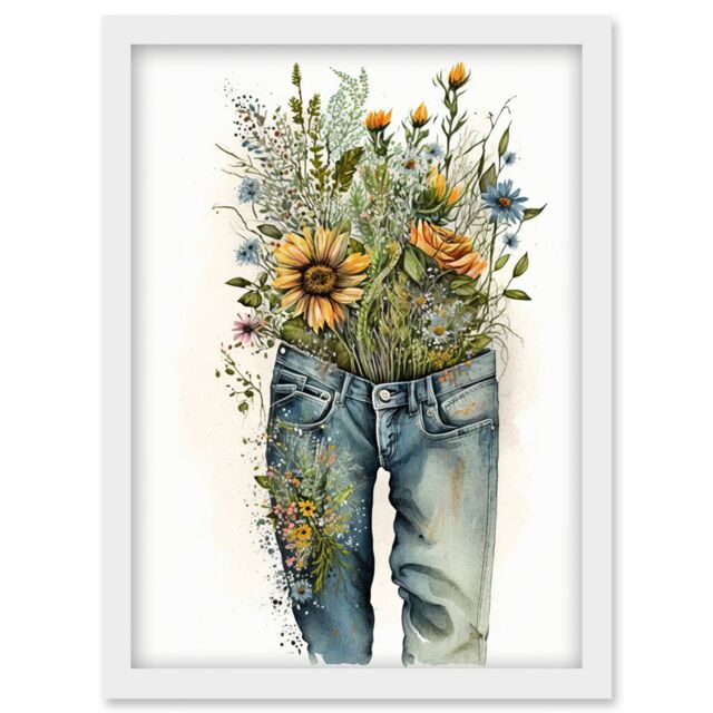 Artery8 Spring Wildflowers Bursting out of a Pair of Jeans Artwork Framed Wall Art Print A4 in White - image 1